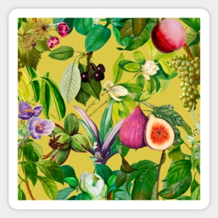 Vibrant tropical floral leaves and fruits floral illustration, botanical pattern, tropical plants, Yellow fruit pattern over a Sticker